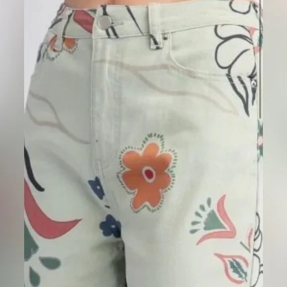 Easel Bold, Floral Rock Wide Leg Jeans - Cream, Green, Orange NWT Size Large - Picture 2 of 10